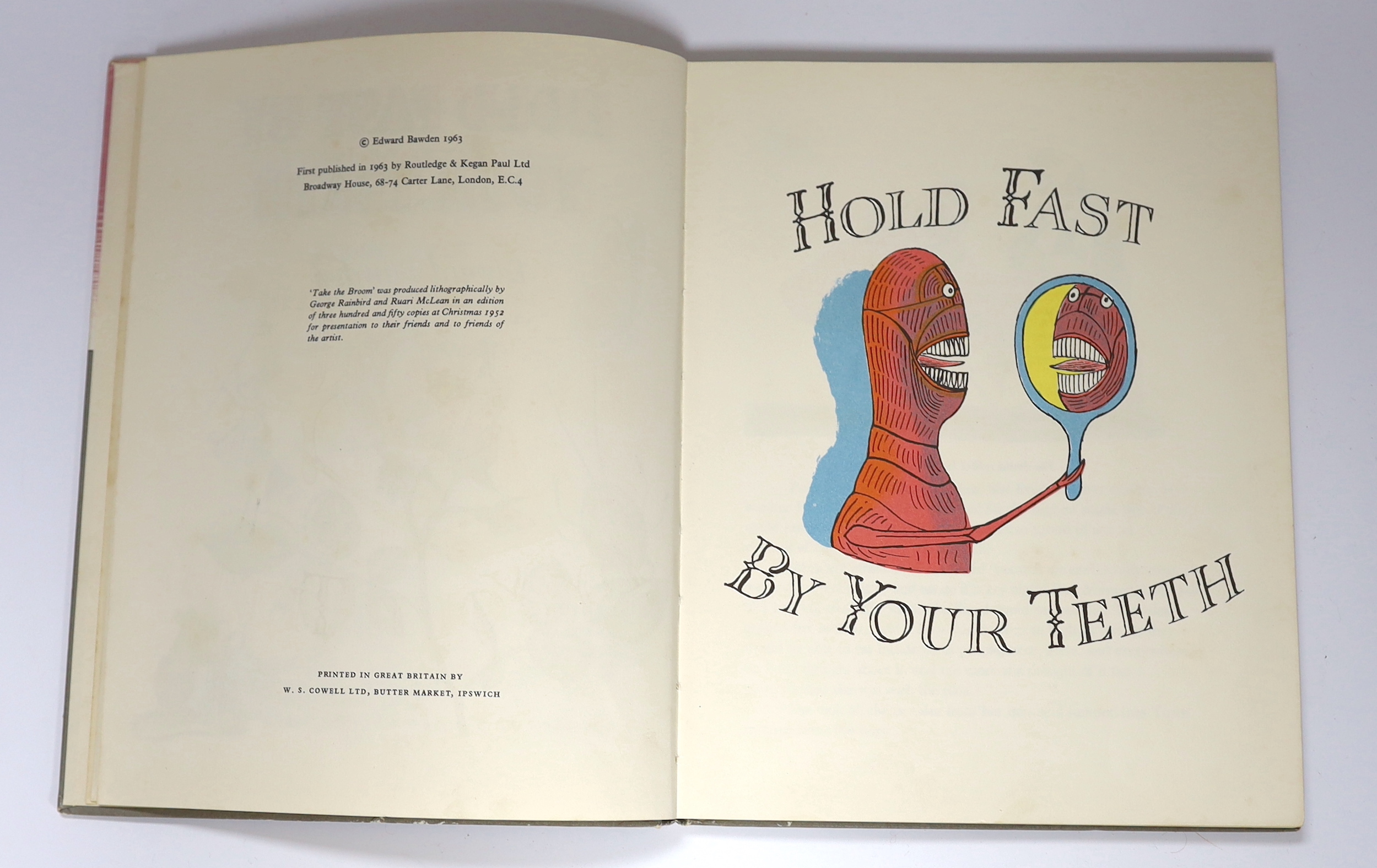 Bawden, Edward - Hold Fast by your Teeth, 1st edition, 4to, pictorial title-page, 9 pictorial sub-titles and 45 illustrations by the author, lithographed in colour, original pictorial boards, Routledge & Kegan Paul Ltd.,